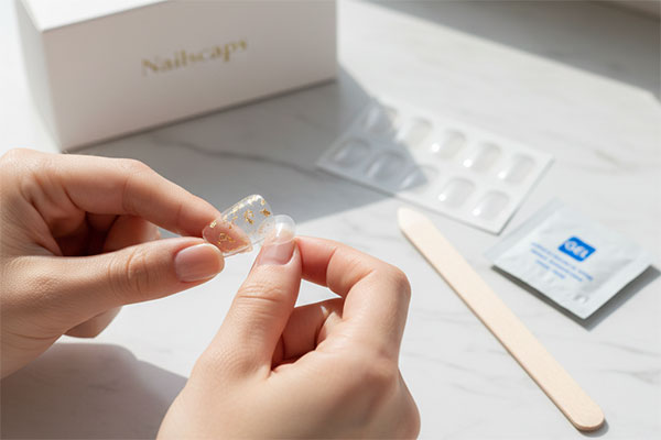 Pose de faux ongles autocollants réutilisables avec gel pads Nailscaps