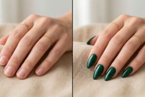 Comparaison entre ongles abîmés par le gel et pose de Press-on Nails.