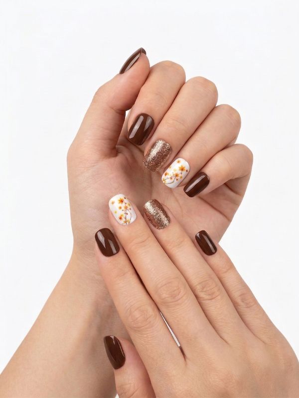 Faux ongles press-on Chocolat et Nail Art Floral
