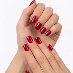 Rouge Classique, faux ongles press-on rouge bordeaux brillants unis en forme carrée élégante