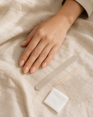 Main féminine avec press-on nails nude brillants qui tiennent longtemps