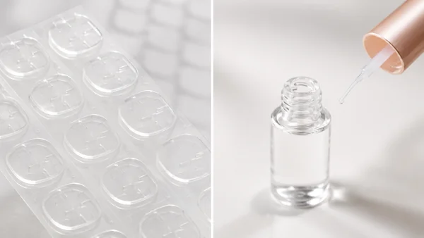 Comparatif des méthodes de fixation pour faux ongles : patchs adhésifs en silicone gel pads contre colle liquide cosmétique.
