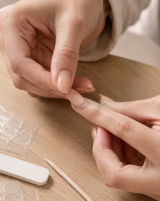 Pose de faux ongles autocollants à l'aide d'un pad adhésif