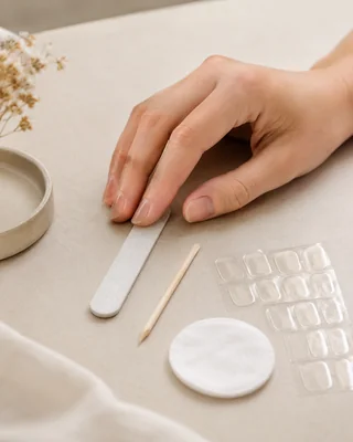 Préparation des ongles naturels avant la pose de faux ongles autocollants