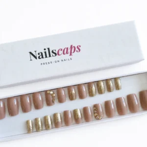Nude Gold faux ongles press-on nude taupe et dorés pailletés NailsCaps