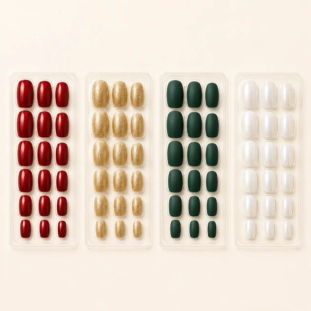 Palette de couleurs tendance pour les faux ongles de Noël : rouge, doré et vert sapin