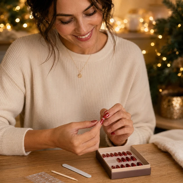 Pose rapide d'une manucure de Noël à domicile avec des capsules press-on